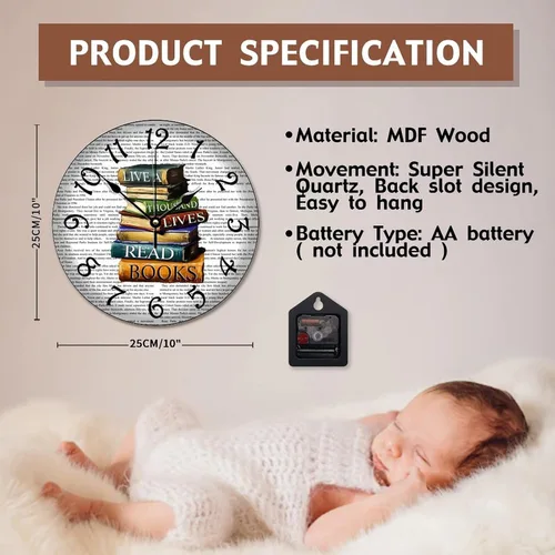 Miniatura 7 de Doffed - Reloj de pared para biblioteca, estilo vintage, de madera rústica, 10, silencioso, sin tictac, de cuarzo, funciona con pilas, para sala