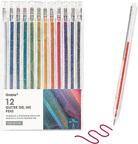 Grabie Bolígrafos de Gel con Purpurina, 12 Colores Bolígrafos de Gel para Colorear, Bolígrafo Metálico Vibrante con Brillo Colorido, Bolígrafos de