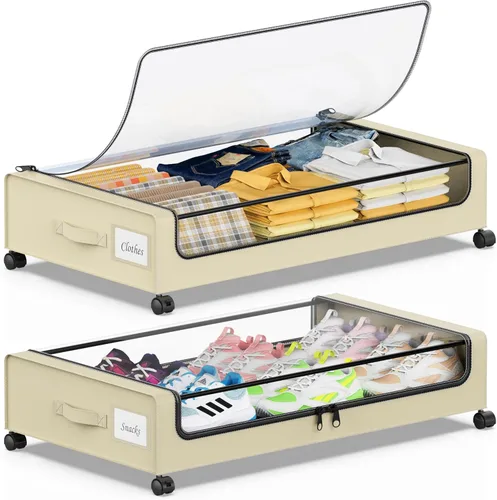 Beborxue - Almacenamiento debajo de la cama con ruedas, paquete de 2 contenedores de almacenamiento debajo de la cama con tapas, XXL de 60 litros