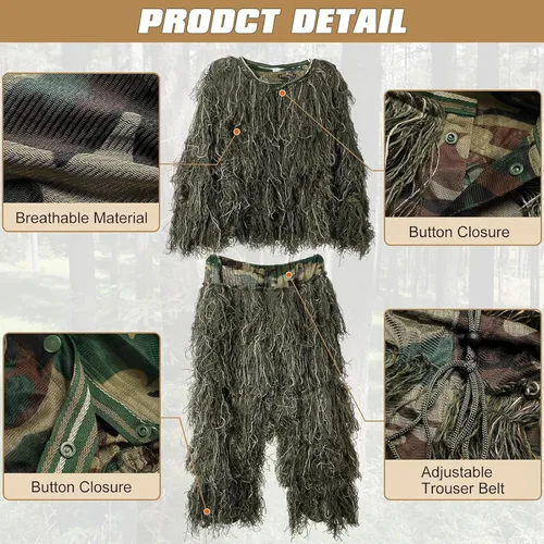 Miniatura 3 de DoCred Traje Ghillie 5 en 1, ropa de caza de camuflaje 3D con chaqueta, pantalones, capucha, bolsa de transporte para adultos/jóvenes, S/M/L/XL/XXL