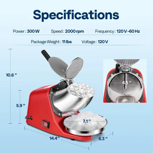 Miniatura 8 de VIVOHOME Picadora de Hielo Eléctrica Trituradora Máquina para Hacer Conos de Nieve Rojo 64.86 kg/hora con Palillo de Hielo para Uso Doméstico