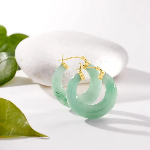 Miniatura 4 de Ross-Simons Aretes redondos de aro de piedras preciosas en oro de 14 quilates de 1 18 pulgadas, Gema, Jade