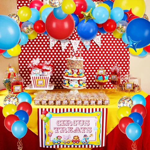Miniatura 6 de JOYYPOP Kit de arco de globos de carnaval con 123 globos de confeti de látex de arcoíris rojo, azul, amarillo, para decoraciones de fiesta