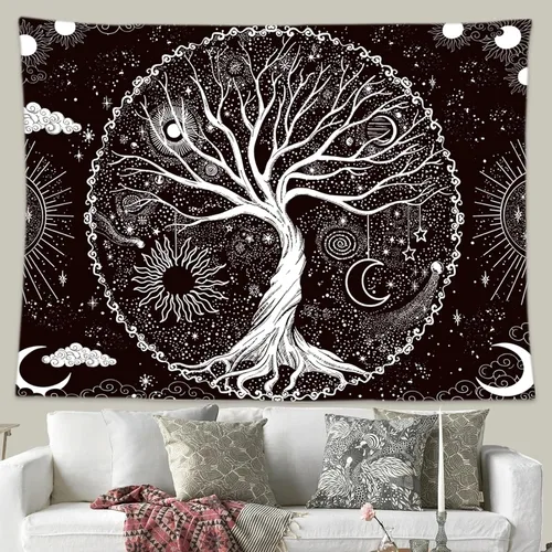 Miniatura 2 de Wonrizon Tapiz del árbol de la vida, tapiz espacial de galaxia en blanco y negro, decoración estética psicodélica para colgar en la pared para sala