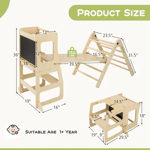 Miniatura 7 de Olakids Pikler - Juego de triángulos 8 en 1, juguetes de escalada para niños pequeños, patio de recreo de madera plegable Montessori Jungle Gym
