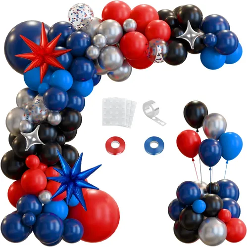 Kit de arco de globos de araña de 147 piezas con globos de estrella, azul marino, rojo, negro, plateado, superhéroe, guirnalda temática de béisbol