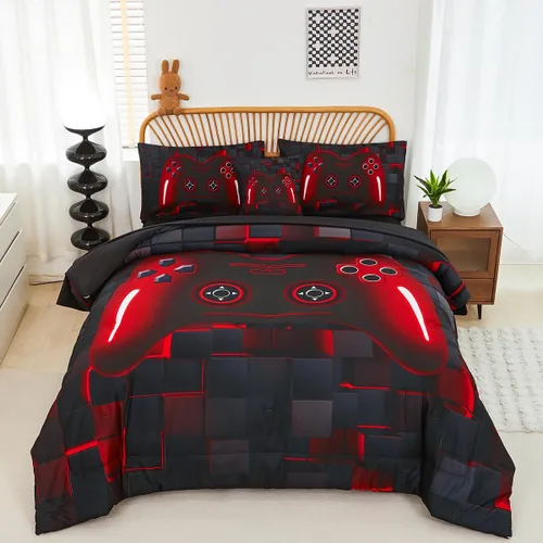 Miniatura 9 de PERFEMET Juego de ropa de cama tamaño Twin en una bolsa, 6 piezas, juego de ropa de cama gaming para niños, edredón azul gamer con juego de sábanas