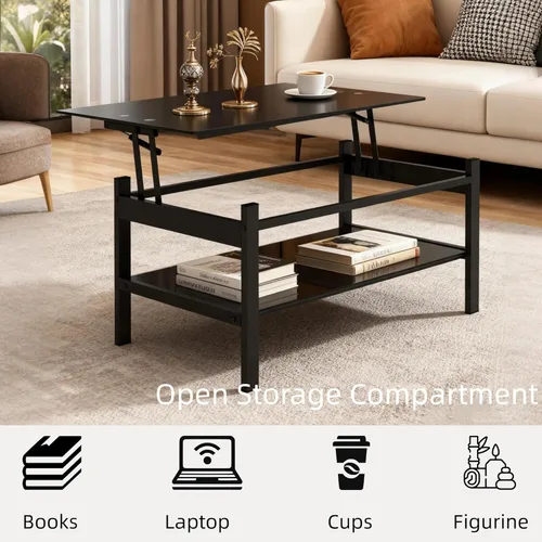 Miniatura 4 de Meihua Mesa de Centro de Cristal con Tapa Elevable con Compartimento de Almacenamiento y Estantes Abiertos Separados, Tapa de Mesa Elevable
