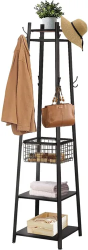 Miniatura 10 de VECELO Perchero independiente, árbol de pasillo con cesta de metal y estantes de almacenamiento, perchero industrial con 8 ganchos para colgar Marrón