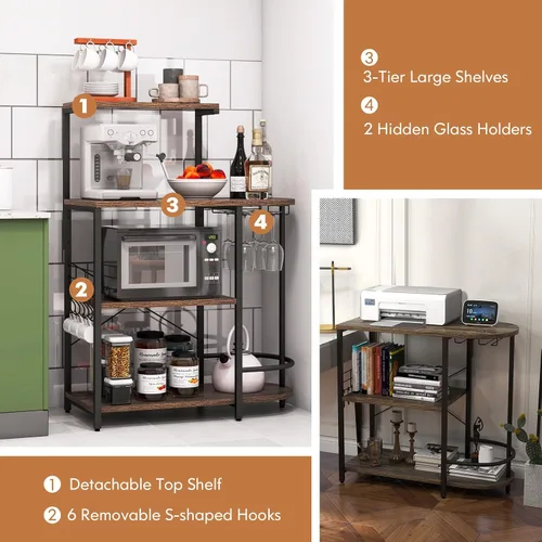 Miniatura 5 de GOFLAME Estante de cocina de 4 niveles, soporte industrial para horno microondas con estante superior desmontable, 6 ganchos extraíbles, soportes