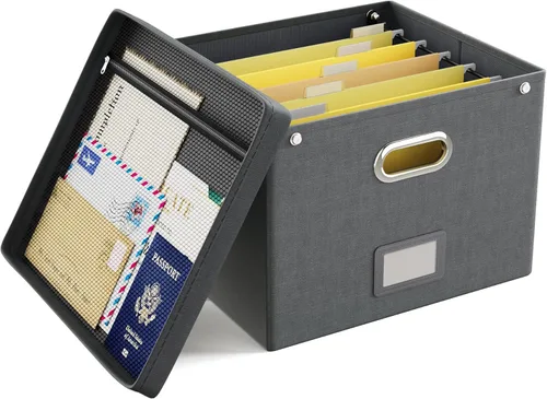 Miniatura 27 de Oterri Caja de archivos colgante con bolsillo de malla, caja organizadora de archivos con tapa, caja organizadora de documentos plegable