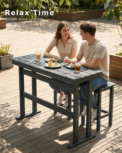 Miniatura 5 de Juego de 2 mesas y sillas de altura de barra de HDPE para exteriores, incluye mesa y sillas de patio superior, juego de bar de patio exterior