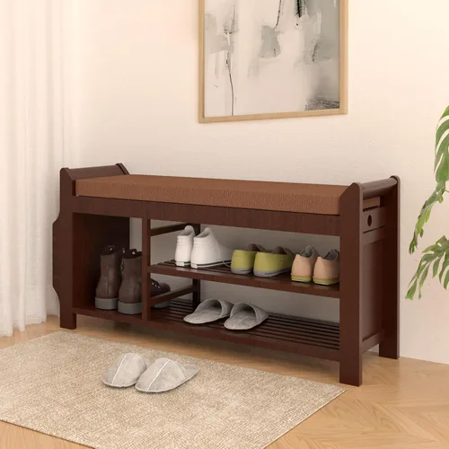 NURTUDIS Banco de zapatos, taburete de bambú para almacenamiento de zapatos con cojín extraíble, estante organizador de almacenamiento de zapatos de