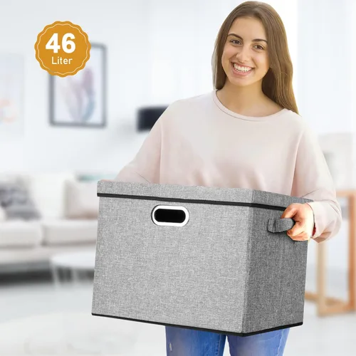 Miniatura 5 de Lukeline Contenedores de almacenamiento plegables con tapas, paquete de 2 cajas de almacenamiento plegables de lino de tela, cesta organizadora