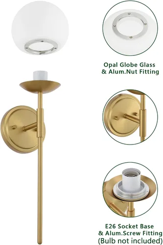 Miniatura 5 de Juego de 2 apliques de pared de latón envejecido, apliques modernos de tocador de baño para iluminación de pared, luminarias de tocador con vidrio