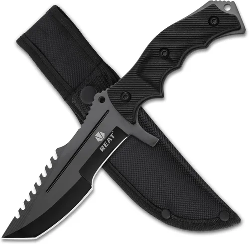 REAT Cuchillo de hoja fija con funda, hoja de acero 440C de 4.1 pulgadas con diseño de espiga completa, mango ergonómico de plástico ABS, cuchillo