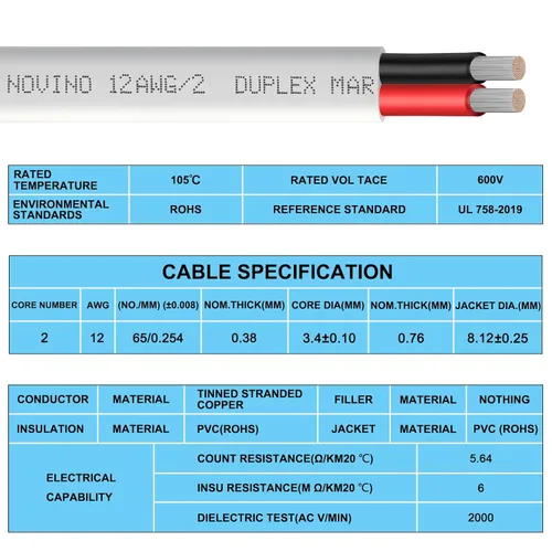 Miniatura 6 de Cable marino dúplex de calibre 12, cable eléctrico de grado marino de cobre estañado, 12 AWG, 50 pies, para uso al aire libre en lanchas