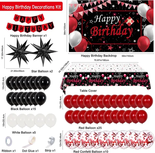 Miniatura 2 de Decoraciones de Cumpleaños Rojas para Hombres Mujeres Niños Niñas, 75 PCS Decoraciones de Fiesta Rojas y Negras Telón de Fondo Pancarta de Feliz