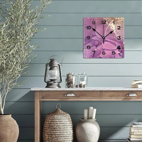 Miniatura 6 de Reloj de pared de madera púrpura y dorado con textura de purpurina de 15 pulgadas, reloj de pared de madera cuadrado clásico con números grandes