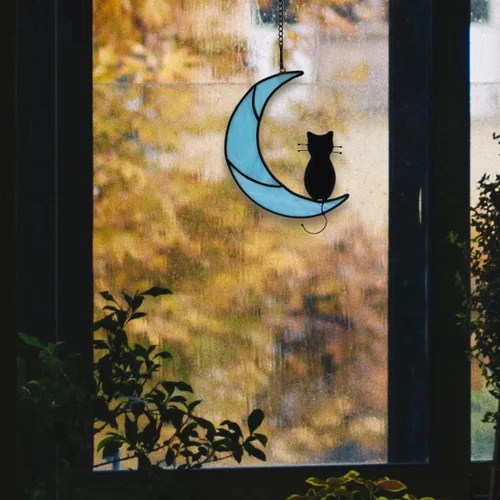 Miniatura 8 de Black Cat Decor On Moon Suncatcher Decoration,Cat Memorial Gifts for Cats Lovers Stained Glass Window Hangingt,Cats Loss Sympathy Gift,Pet Memorial
