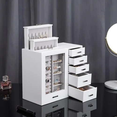 Miniatura 7 de Homde Joyero grande con ventana de cristal, cajones para collares, aretes, anillos, pulseras, relojes, regalo para mujeres y niñas