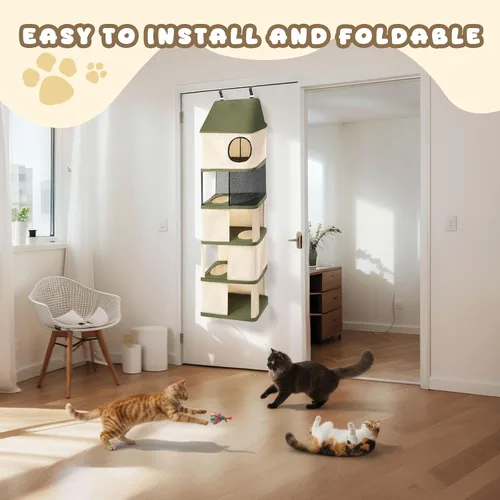 Miniatura 6 de Torre colgante de árbol para gatos de interior de 5 niveles de menos de 40 libras, muebles para mascotas montados en la puerta, ahorro de espacio