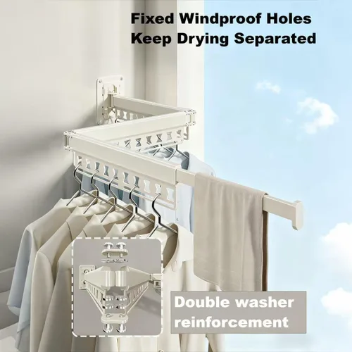 Miniatura 4 de Tendedero de ropa montado en la pared, colgador retráctil de 3 pliegues con agujeros a prueba de viento y diseño desmontable, estante plegable Gris