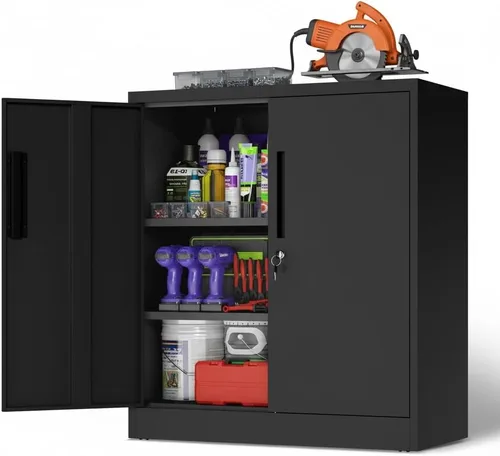 Miniatura 30 de Armario de almacenamiento de metal para garaje con ruedas, gabinete rodante con cerradura para herramientas con cajón y estantes, gabinete móvil