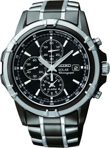 SEIKO Reloj SSC141 para hombre - Esfera azul con cronógrafo solar, calendario de fecha y agujas LumiBrite, acero inoxidable y resistente al agua