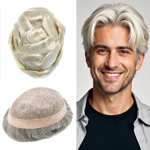 Miniatura 91 de Mens Toupee Hair Pieces sistema de reemplazo para hombres cabello humano real fino mono toupee para hombres sistema de cabello protesis capilar