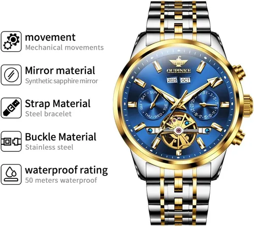 Miniatura 5 de OLEVS Relojes automáticos para hombre, mecánico, de lujo, cuerda automática, multicalendario, acero inoxidable, impermeable, relojes de pulsera