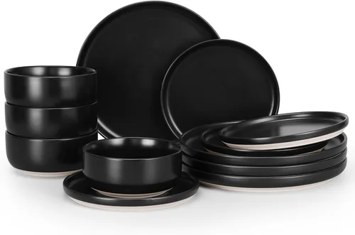 Miniatura 24 de HaWare Juego de vajilla de gres, juego de platos y tazones de 12 piezas para 4, juego de vajilla para casa restaurante, blanco lechoso moteado