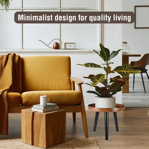 Miniatura 6 de KGPLOME Soporte para plantas de interior, mesa de madera de mediados de siglo con acabado de nogal, soporte alto para maceta, mesa auxiliar redonda