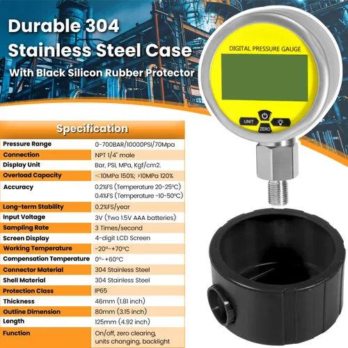 Miniatura 4 de Manómetro de presión hidráulica digital de 10000PSI Sensor de presión Manómetro con conector NPT de 1/4 de pulgada Base Entrada 700BAR/70Mpa 3.15
