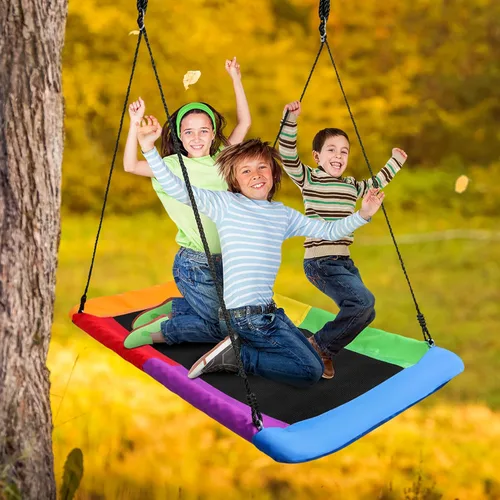 Miniatura 6 de Sorbus Columpio de platillo de 60 pulgadas para niños, plataforma grande de 700 libras, cuerda ajustable y asiento duradero, red de trampolín