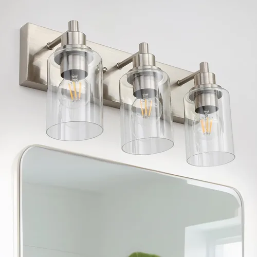 Miniatura 15 de LOUSACE Lámpara de tocador de baño de 3 luces, lámparas de baño negro mate sobre el espejo, iluminación moderna de baño con pantalla de vidrio