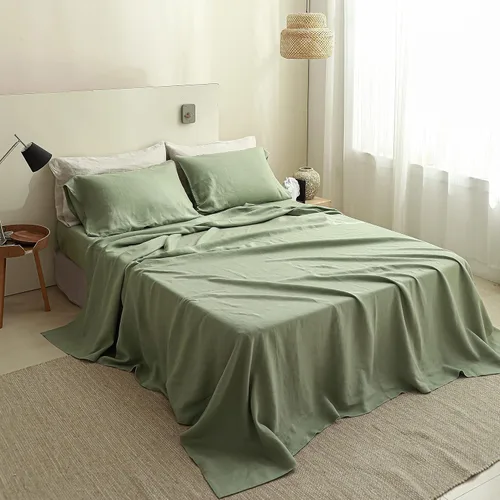 Miniatura 7 de Simple&Opulence Sábana bajera ajustable 100% lino tamaño matrimonial (1 pieza), funda de colchón de 14 pulgadas de profundidad de lino francés Verde