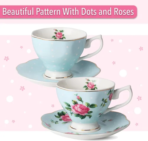 Miniatura 5 de BTaT - Juego de té floral para adultos, 13 piezas, servicio para 4, olla (38 onzas) y tazas (8 onzas) con platillos, diseño floral azul pastel