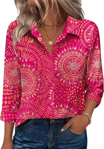 Miniatura 20 de Zeagoo Camisas con botones para mujer, manga 3/4, cuello en V, blusas con cuello en V, trajes casuales de negocios
