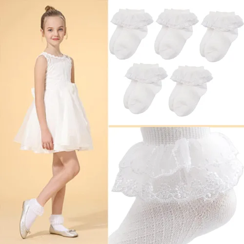 Miniatura 7 de Looching 5 pares de calcetines de encaje con volantes para niñas pequeñas con ojales de algodón blanco con volantes calcetines de princesa