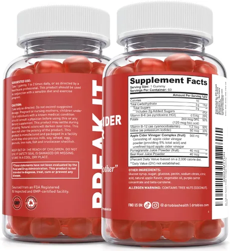 Miniatura 5 de Dr. Tobias Gomitas de vinagre de sidra de manzana con la madre, 500 mg de ACV por porción, más folato, B6, B12 y yodo Apoya la limpieza intestinal