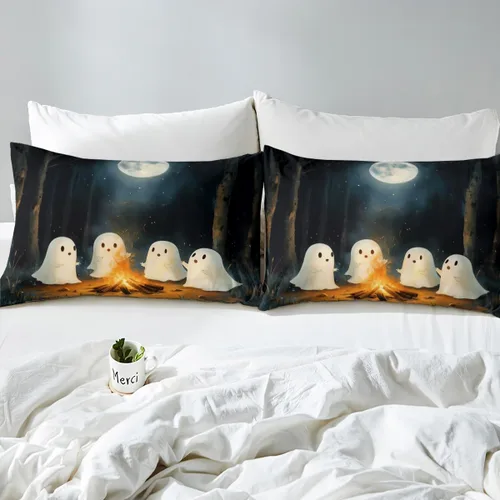 Miniatura 5 de Jejeloiu Lindo juego de sábanas de fantasma, tamaño individual, feliz Halloween con sábana bajera de bolsillo profundo, funda de almohada