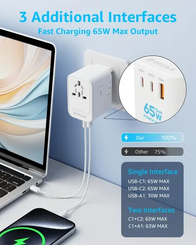 Miniatura 3 de Adaptador de viaje universal, adaptador de enchufe de viaje internacional con 2 puertos USB-C (GaN 65W) y 1 puerto USB-A, adaptador portátil todo