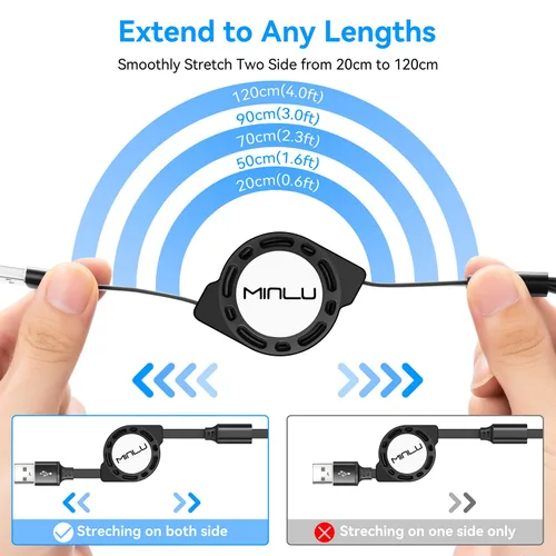 Miniatura 6 de MINLU Cable de carga múltiple 3A, paquete de 2 cables de carga múltiple retráctiles de 4 pies 3 en 1, adaptador de cargador USB C con puertos