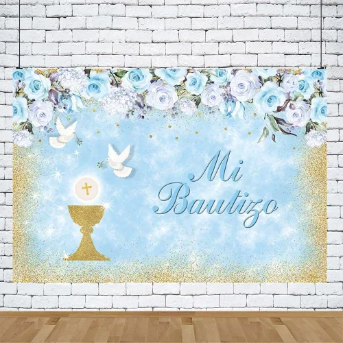 Miniatura 5 de AIBIIN Mi Bautizo - Telón de fondo para niño, cartel de bautizo de palomas de cáliz dorado, fondo para fotografía de bautizo, floral azul, primera