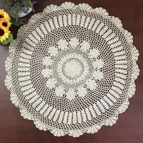 Hetao Mantel redondo de ganchillo 100% algodón hecho a mano tapetes de encaje cubiertas de mesa, beige, 27 pulgadas