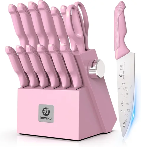 Miniatura 4 de imarku Juego de 14 cuchillos con bloque, juego de cuchillos de cocina de acero inoxidable japonés con afilador integrado, asas ergonómicas