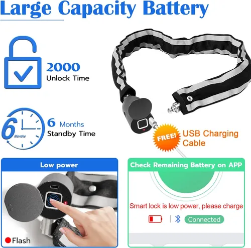 Miniatura 6 de Eseesmart Cerradura de cadena para bicicleta, cerraduras de bicicleta de huellas dactilares, antirrobo, cerraduras de seguridad de 3.28 pies