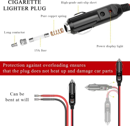 Miniatura 4 de Yourkar Enchufe macho para encendedor de cigarrillos con fusible, cable de enchufe de encendedor de cigarrillos de 12 V con cables, adaptador