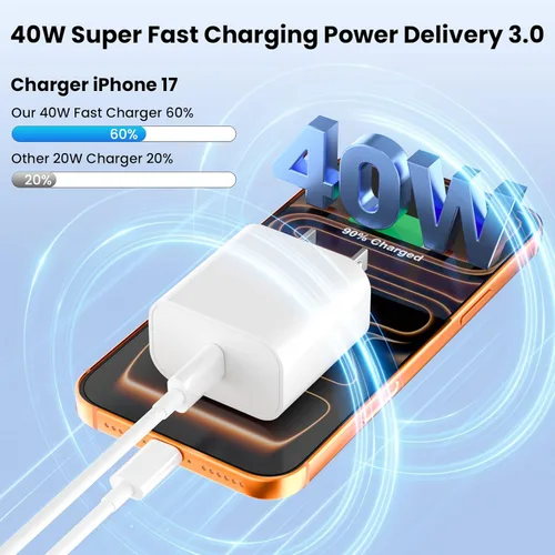 Miniatura 2 de Cargador para iPhone 17 Pro Max de carga rápida, 40 W USB C Super Fast Charger Block con cable de carga tipo C de 6 pies para iPhone 17 Pro Max/17